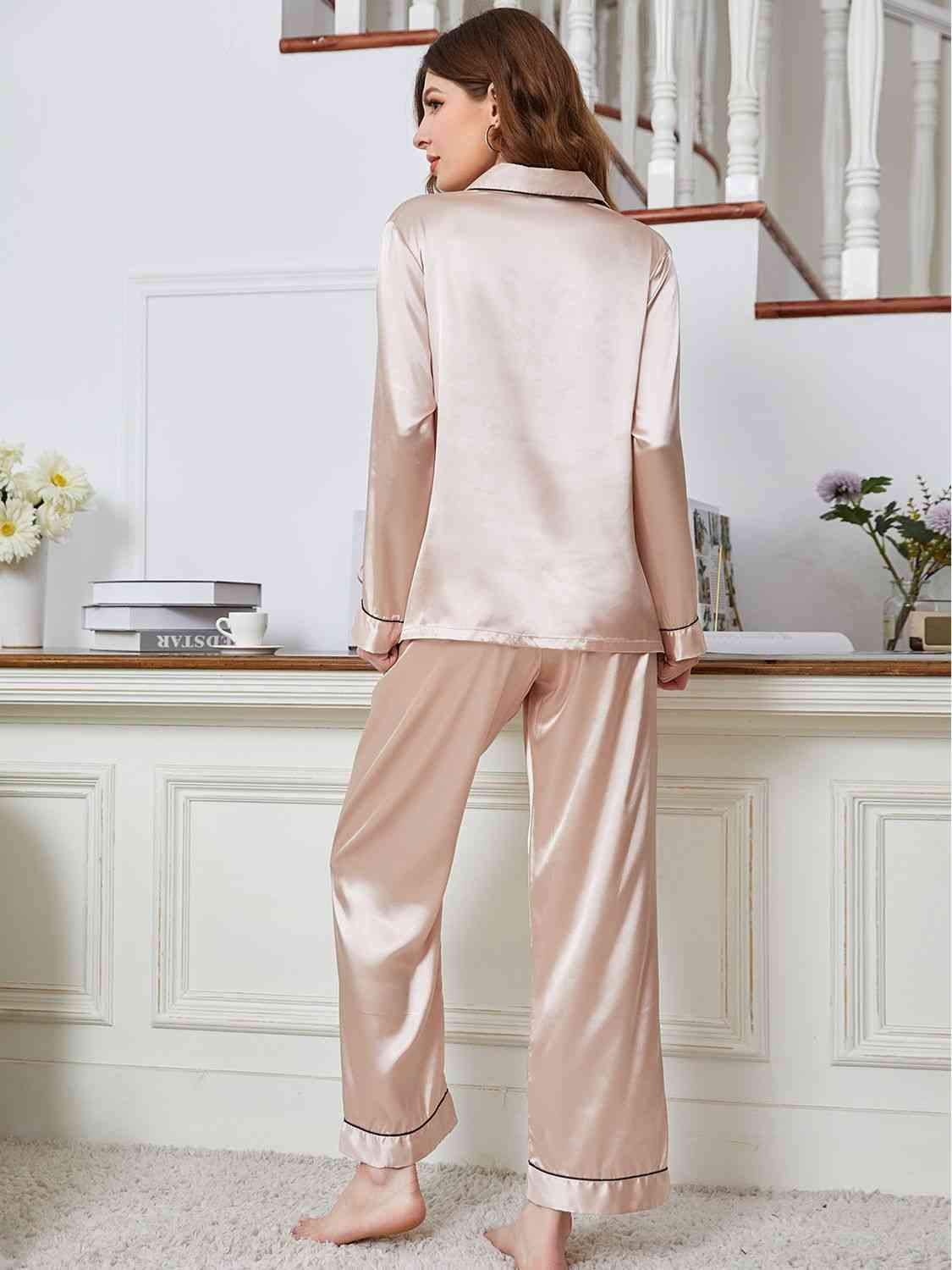 Lapel Collar Long Sleeve Top and Pants Pajama Set