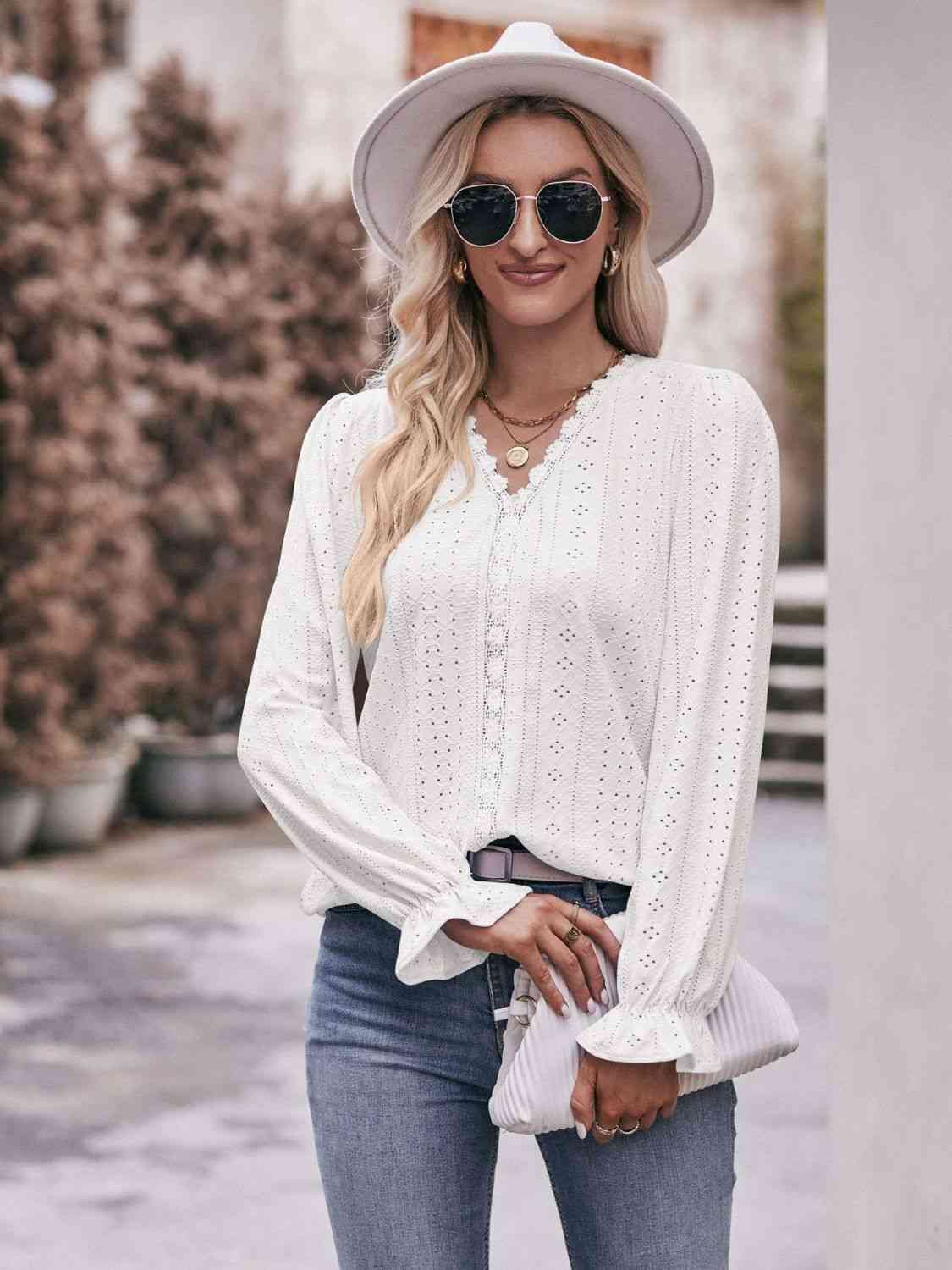 Double Take Eyelet V-Neck Flounce Sleeve Blouse