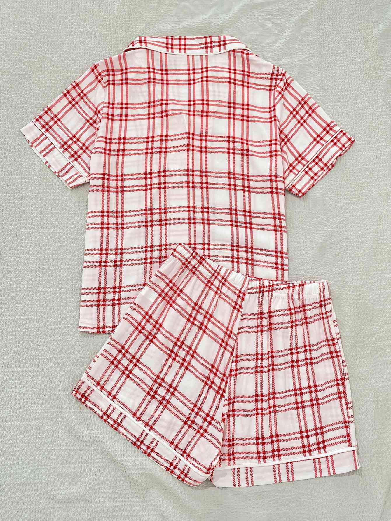 Plaid Lapel Collar Shirt and Shorts Lounge Set