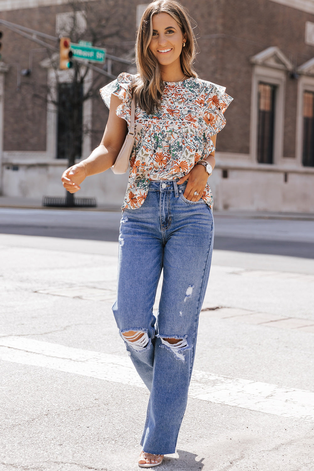 Printed Butterfly Sleeve Round Neck Blouse