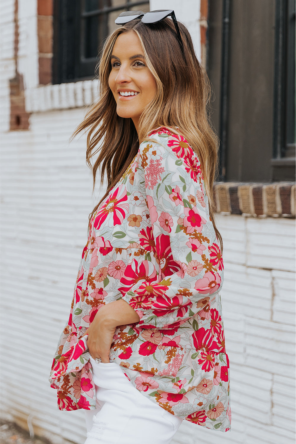 Floral V-Neck Tiered Babydoll Blouse