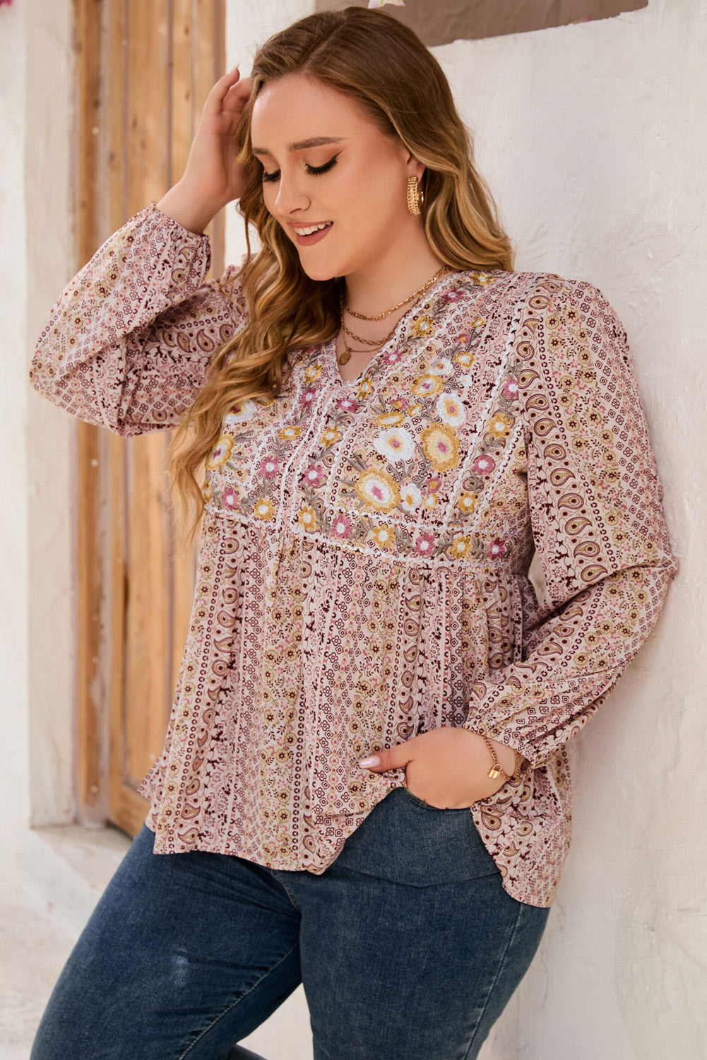 Plus Size V-Neck Printed Long Sleeve Blouse