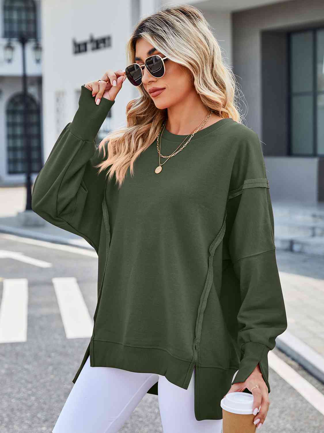 Exposed Seam High-Low Round Neck Sweatshirt