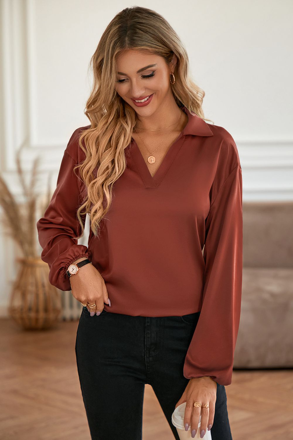 Johnny Collar Lantern Sleeve Blouse