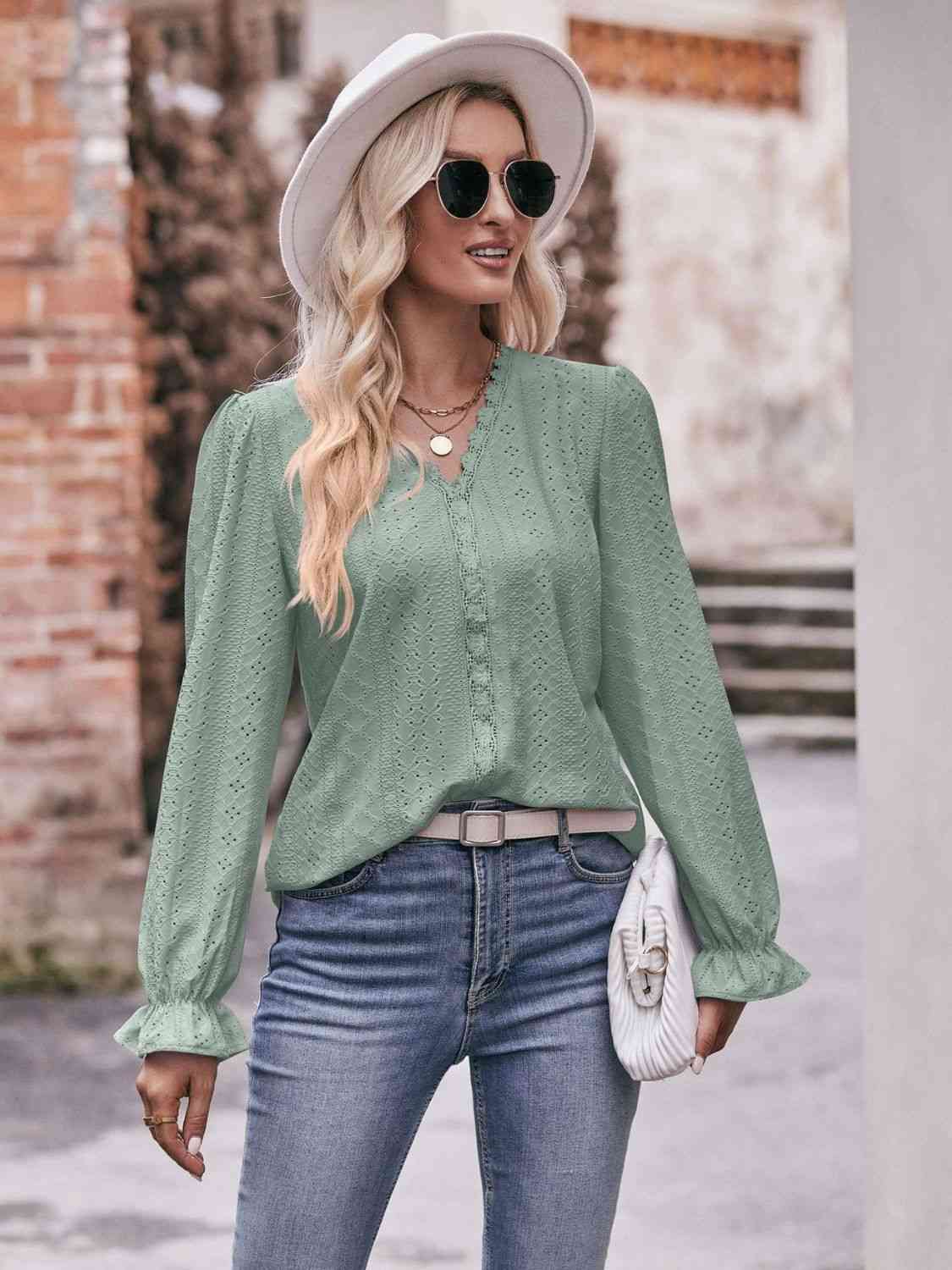 Double Take Eyelet V-Neck Flounce Sleeve Blouse