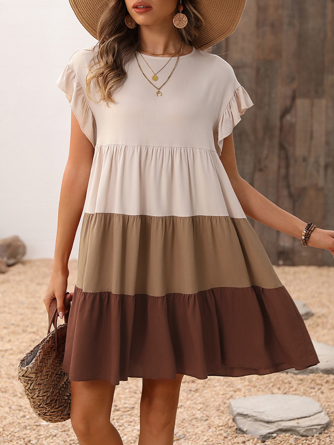 Ruffled Color Block Cap Sleeve Midi Dress