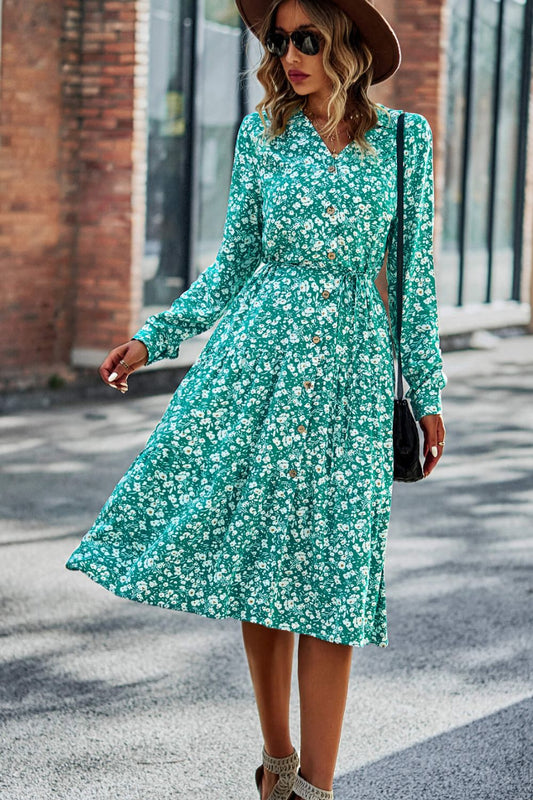 Printed Button Front Belted Tiered Shirt Dress