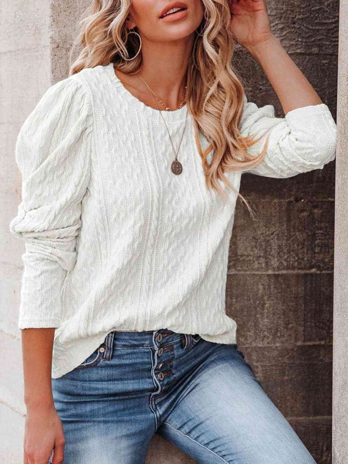 Round Neck Puff Sleeve Knit Top