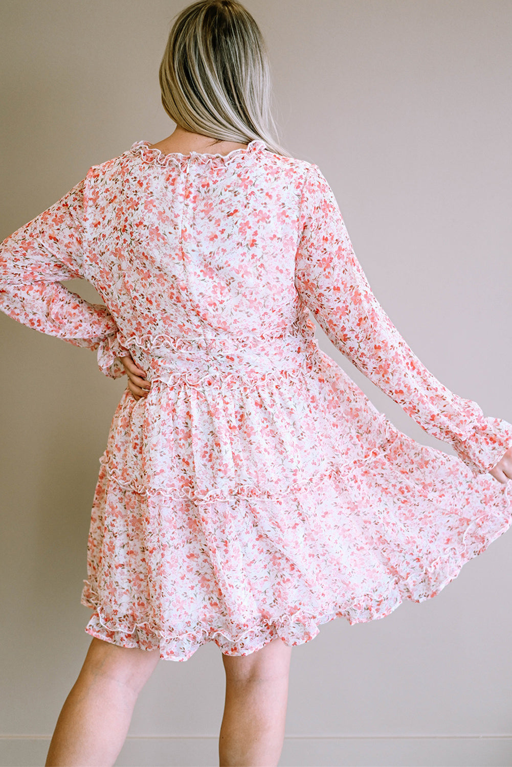 Plus Size Floral V-Neck Frill Long Sleeve Dress